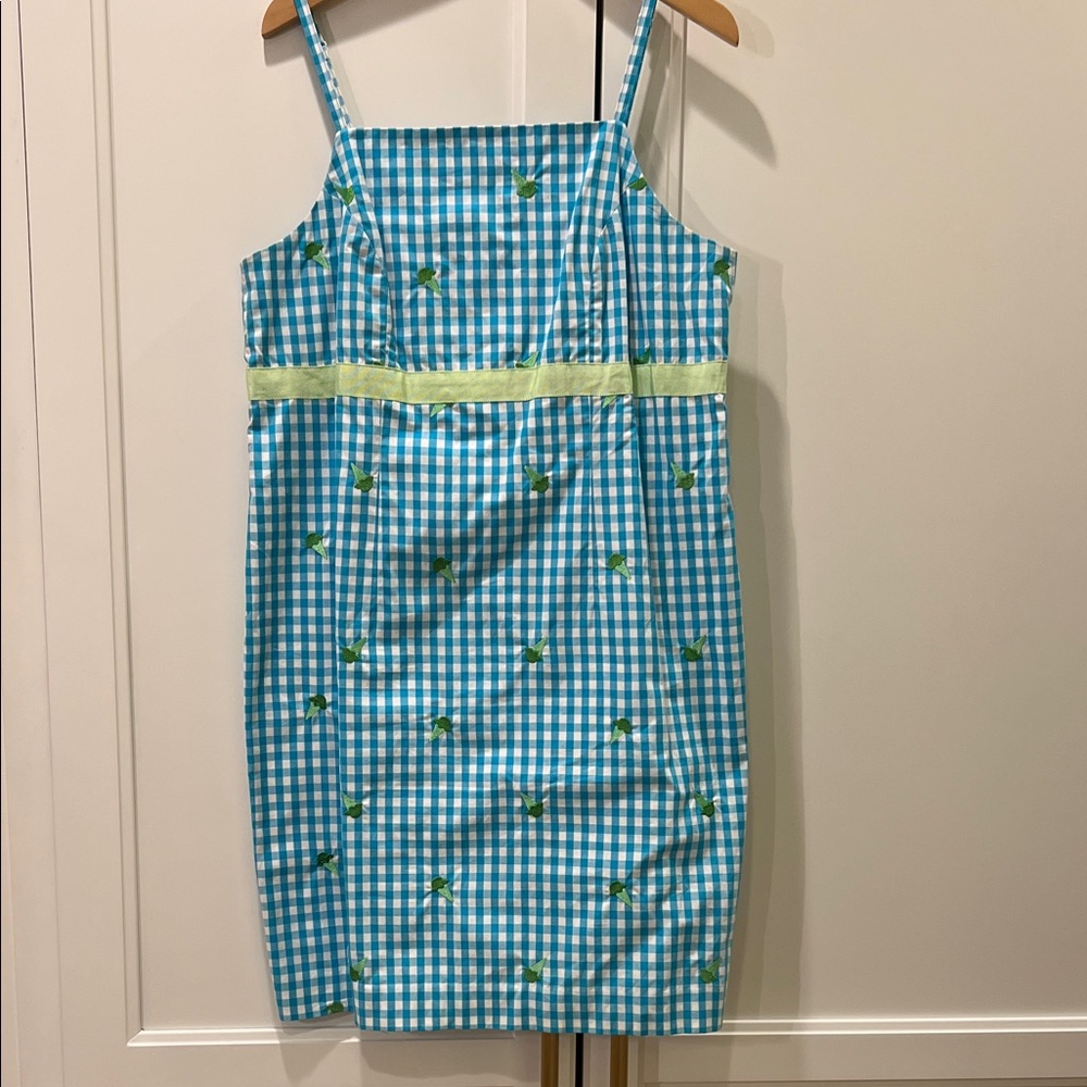 Lily Pulitzer Maternity Aqua/White Plaid/Green Ice Cream Cone Dress, size small
